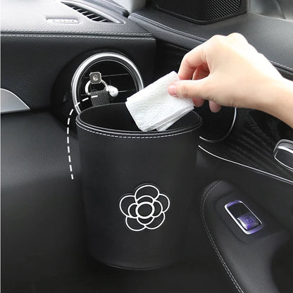 Creative Camellia Flower Leather Car Tissue Paper Towel Bag Auto Back Seat Headrest Hanging Trash Bin Can Women Car Accessories