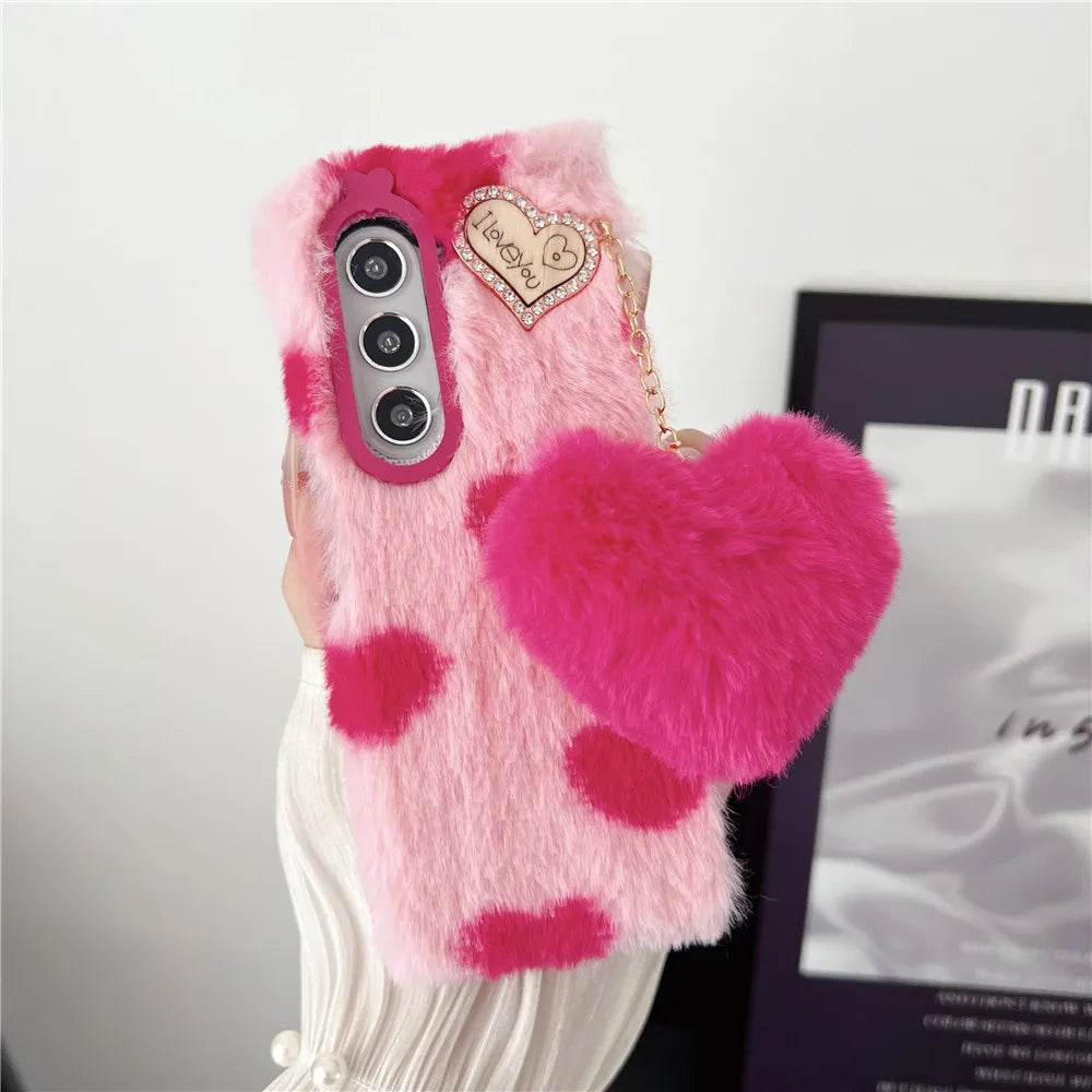 For Samsung Galaxy Z Fold 5 Case Korea Cute Fluffy Plush Love Pendant Phone Case For Galaxy Z Fold6 Cover Z Fold3 Z Fold2 Fold5