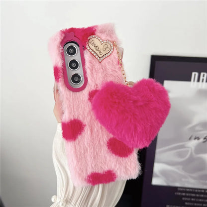 For Samsung Galaxy Z Fold 5 Case Korea Cute Fluffy Plush Love Pendant Phone Case For Galaxy Z Fold6 Cover Z Fold3 Z Fold2 Fold5