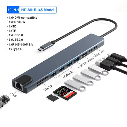 KEBIDUMEI 10-in-1 USB C Docking Station USB 3.0 HUB Type C to HDMI Adapter with RJ45 Ethernet Interface USB Splitter OTG Adapter