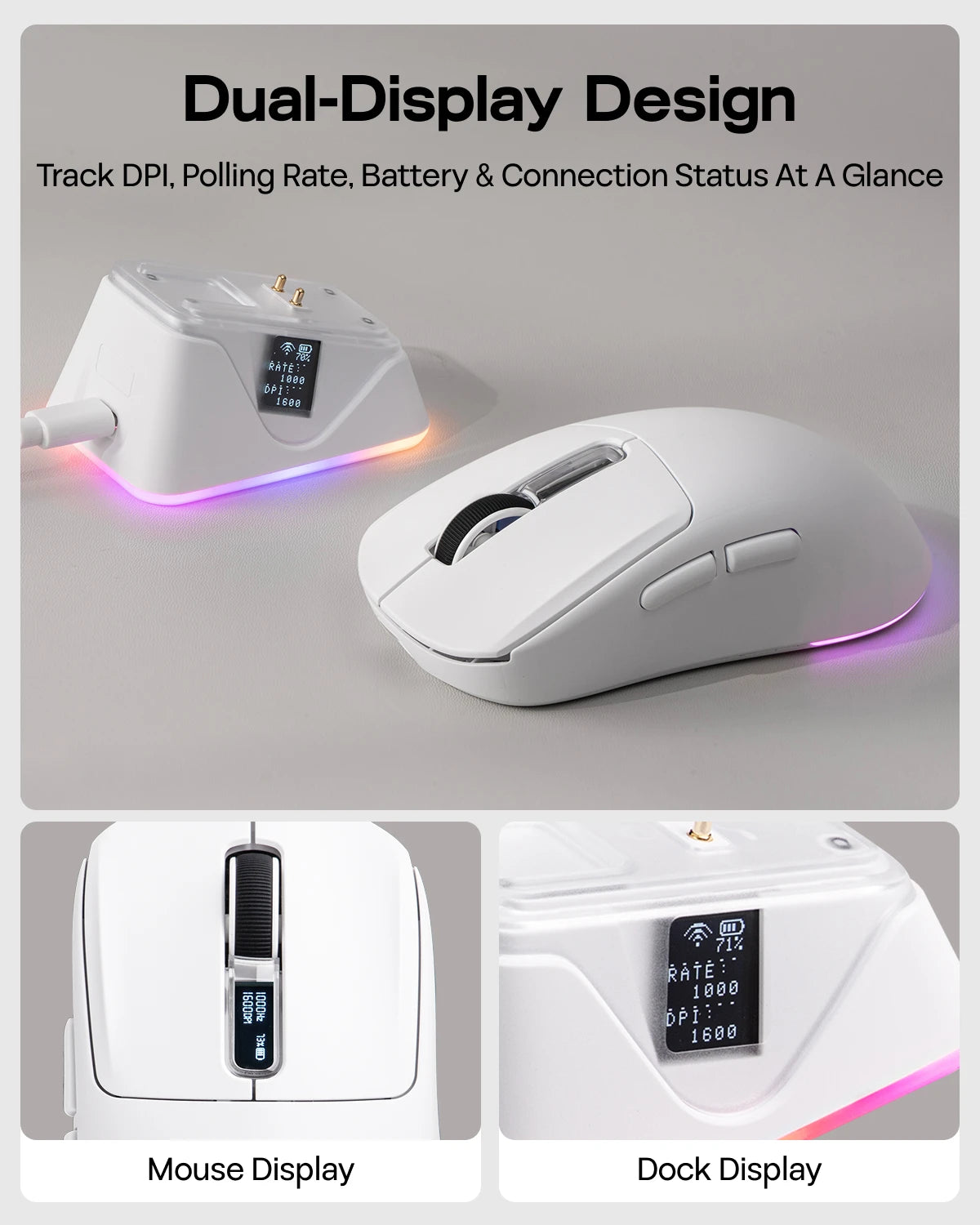 EPOMAKER NEX Lite Tri-mode Wireless PAW3311 Sensor Gaming Mouse with RGB Charging Dock & 1K Polling/12K DPI for Gaming & Office