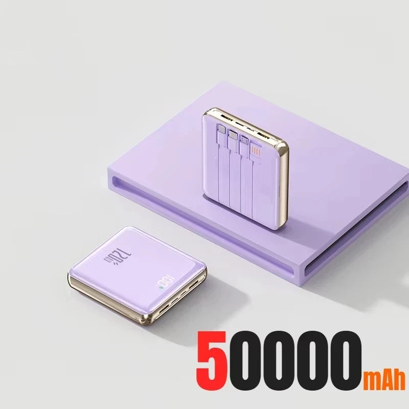 Lenovo Mini 500000mAh Power Bank Large Capacity Super Fast Charging External Battery Built-in 4 Cables for IPhone Samsung Huawei