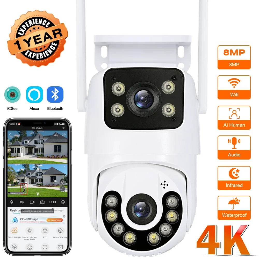 Outdoor Wireless Security IP Camera 4K 8MP HD Dual Lens External Wifi PTZ Camera Auto Tracking Street Surveillance Camera iCsee