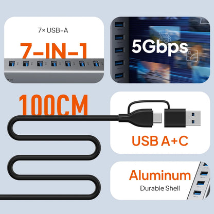 CABLETIME 7 IN 1 USB A Hub USB C HUB USB 3.0 5Gbps Fast Data Transfer Aluminum Durable Shell for Laptop Mac TV Hard Drive C HUB