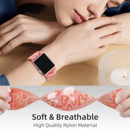 Soft Breathable Stretchy Nylon Solo Loop Band with Love/Flower Pattern - Elastic Braided, Compatible For Apple Watch 38mm-49mm