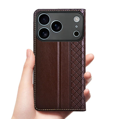 For APPLE iPhone 17 16 16E 15 14 Pro Max Air Plus Flip Case Grid Pattern Magnetic Cover Cowhide Genuine Leather Wallet Covers