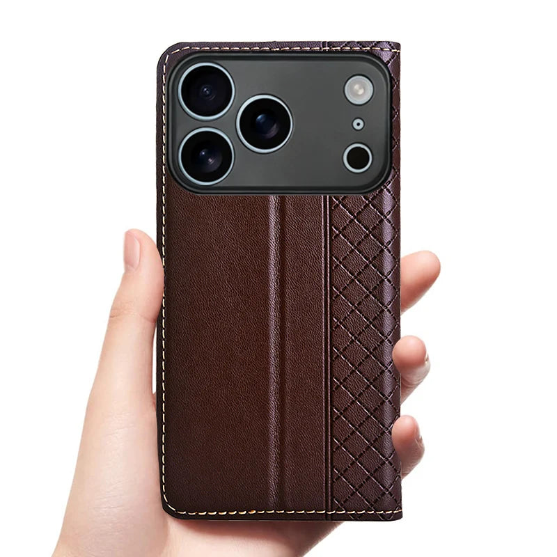 For APPLE iPhone 17 16 16E 15 14 Pro Max Air Plus Flip Case Grid Pattern Magnetic Cover Cowhide Genuine Leather Wallet Covers