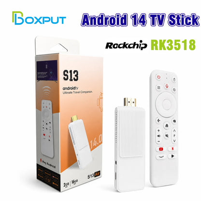 S13 Air Smart TV Stick Android 14 Rockchip RK3518, 2.4G&5G WiFi6 Dual Band, 2GB 16GB ROM 4K HDR Bluetooth Voice Remote Control