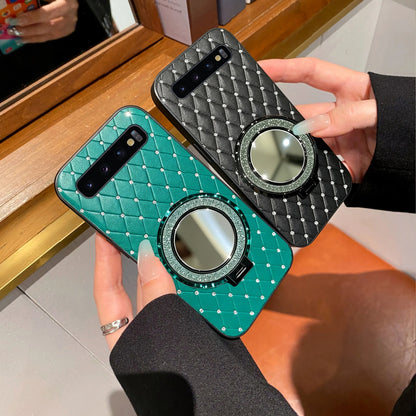 Rhombus Grid Leather Phone Case Makeup Mirror Magnetic Ring for Samsung Galaxy S10 Galaxy S10 5G Galaxy S10+ Galaxy S10 Lite