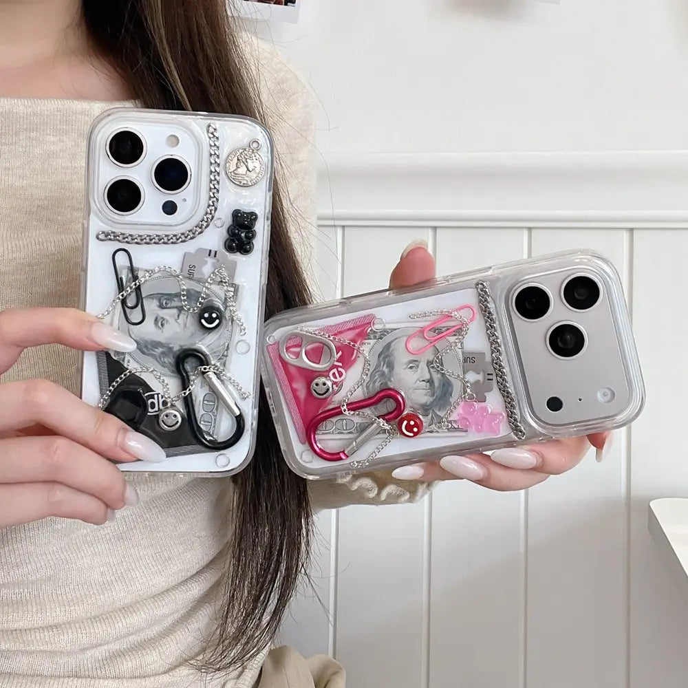 Creative 3D Chain Dollar Ring Hook Paper Clips Phone Case For iPhone 17 16 15 14 13 12 11 Pro Max Shockproof Cover Gifts