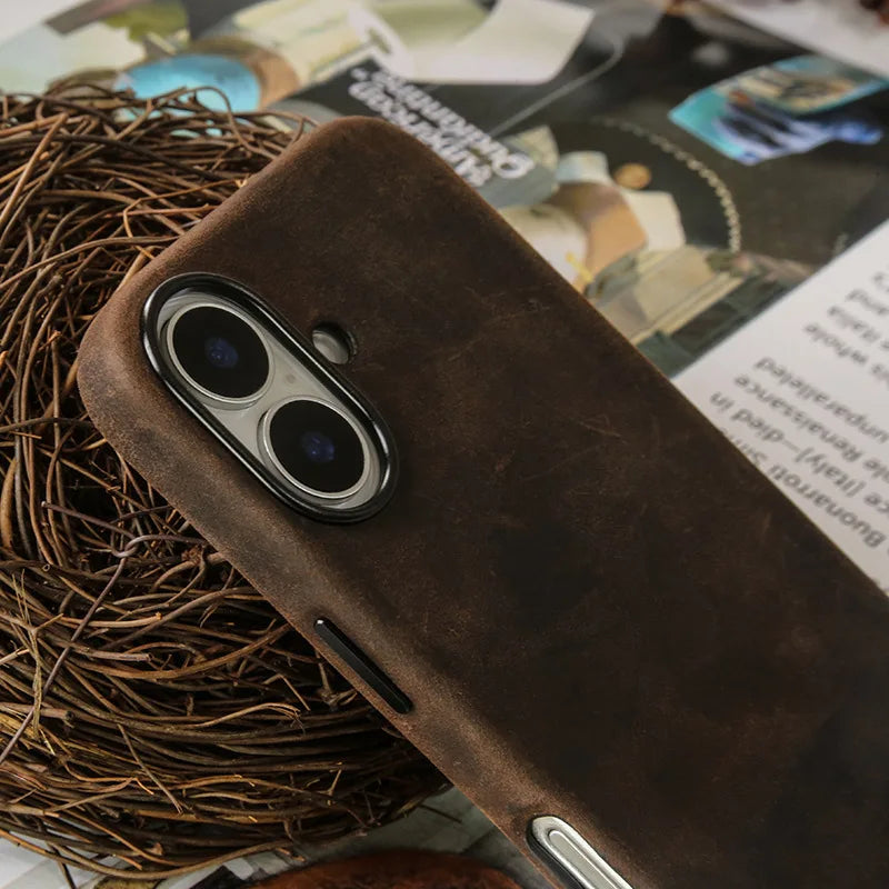 Magnetic Wireless Charging Crazy Horse Leather Case for iPhone 16 Pro Max 17 15 Pro 14 All-inclusive Protection Matte Phone Case