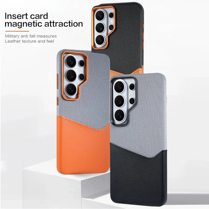 Card Slot Holder Linen Leather MagSafe Phone Case For Samsung S26Ultra S25Ultra S24U Magnetic Wireless Charging Shockproof Cover