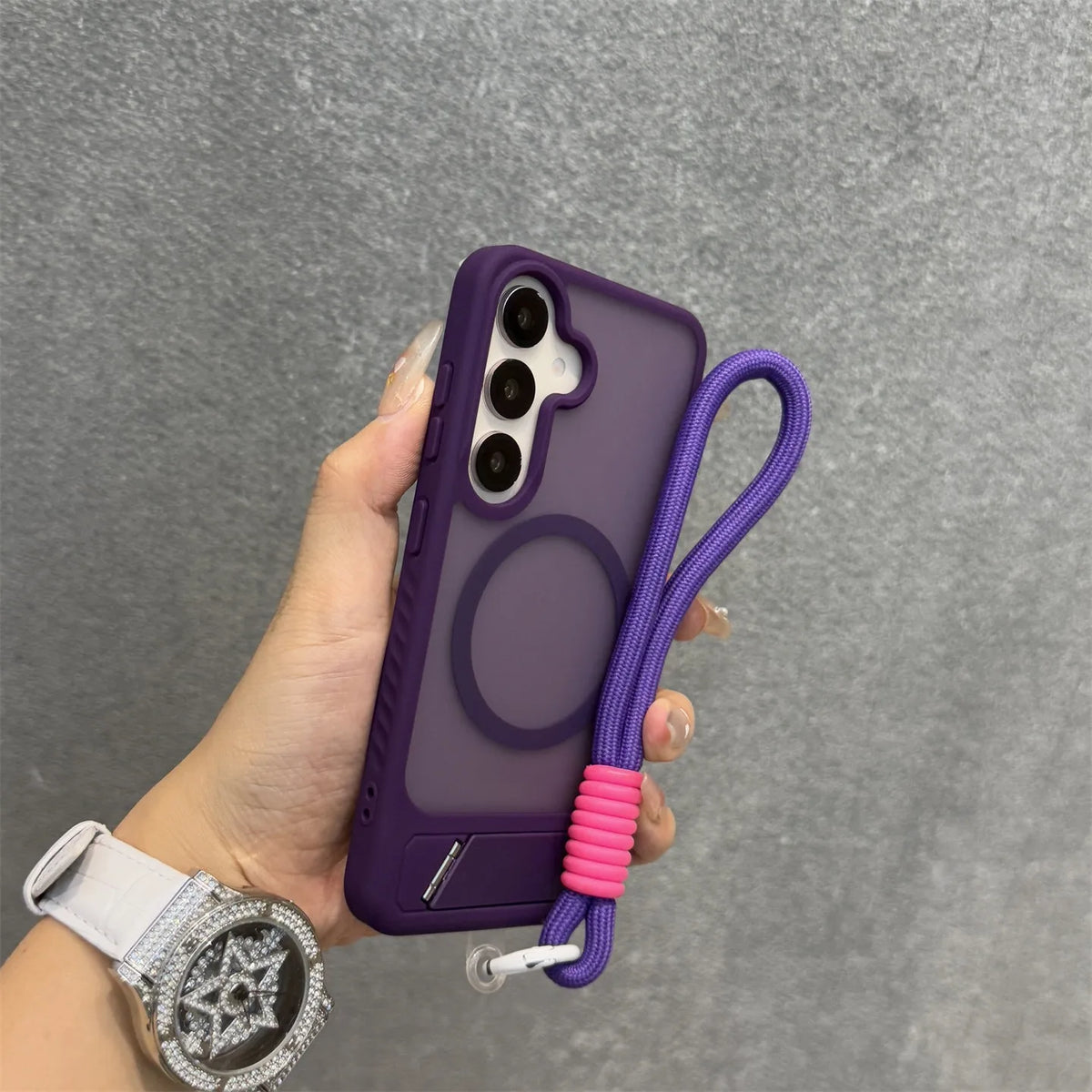 Business Matte Translucent Invisible Bracket Magnetic Case for Samsung Galaxy S26 S25 S24 S23 Ultra Plus FE Wrist Strap Cover