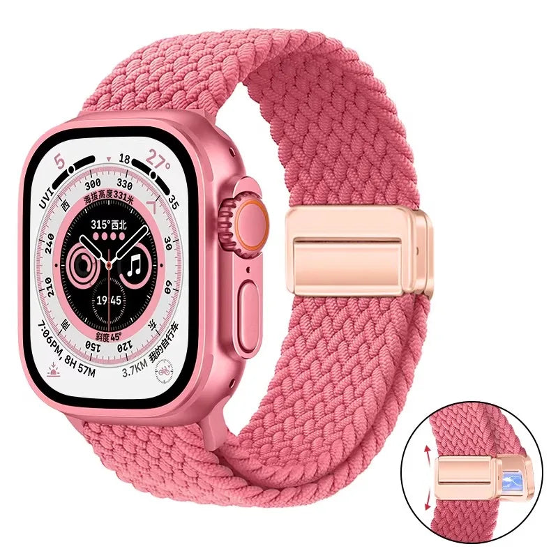 Nylon Braided Loop Band For Apple Watch Ultra 3 2 49mm 11 10 46mm 42mm 9 8 7 45/41mm Magnetic Strap iWatch 6 5 SE 44/40mm Correa