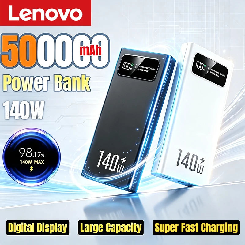 Lenovo 500000mAh 140W Power Bank Super Fast Charging High Capacity Digital Display Battery Pack Powerbank for iPhone Samsung