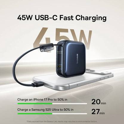 Baseus 45W Mini Power Bank 10000mAh Built-In USB-C Cable Pocket-Sized Smaller Fast Charge Portable For iPhone 18 17 Samsung S26