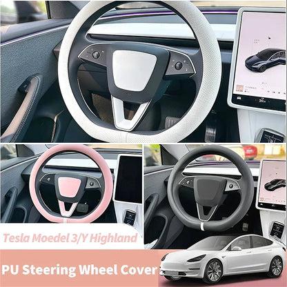 PU Leather Steering Wheel Cover For Tesla Model 3 Y Highland Anti Slip Steering Replacement Protect Cover Interior Accessories