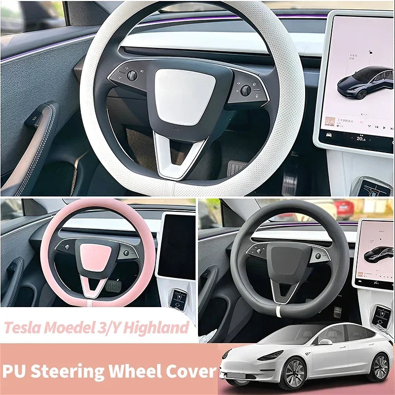 PU Leather Steering Wheel Cover For Tesla Model 3 Y Highland Anti Slip Steering Replacement Protect Cover Interior Accessories