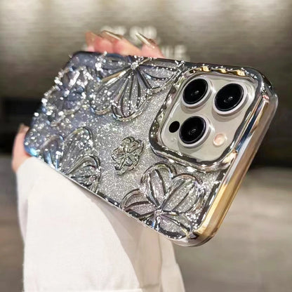Glitter Plating Retro Leaking 3D Oil Painting Flower Anti-fall Phone Case for iPhone 11 12 13 14 15 16 17 Pro Max Back Cover
