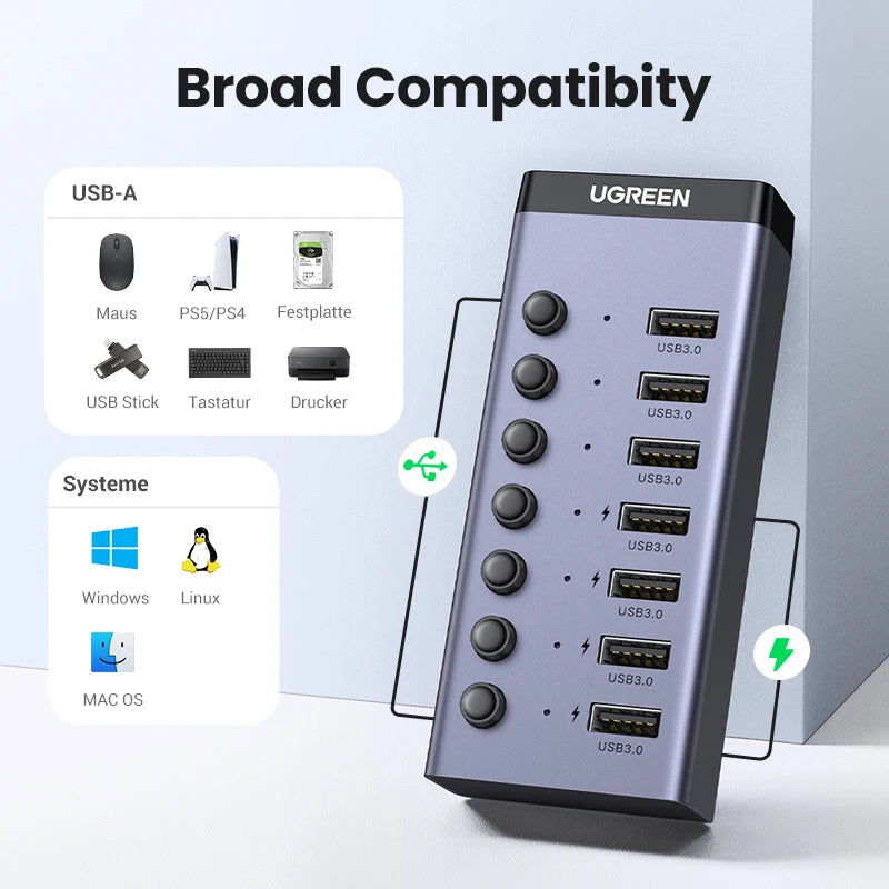 UGREEN USB C Hub 7-Port USB3.0 Splitter with Individual OFF/ON Switch LED Indicator for Desktop PC Laptop USB Ports Extender