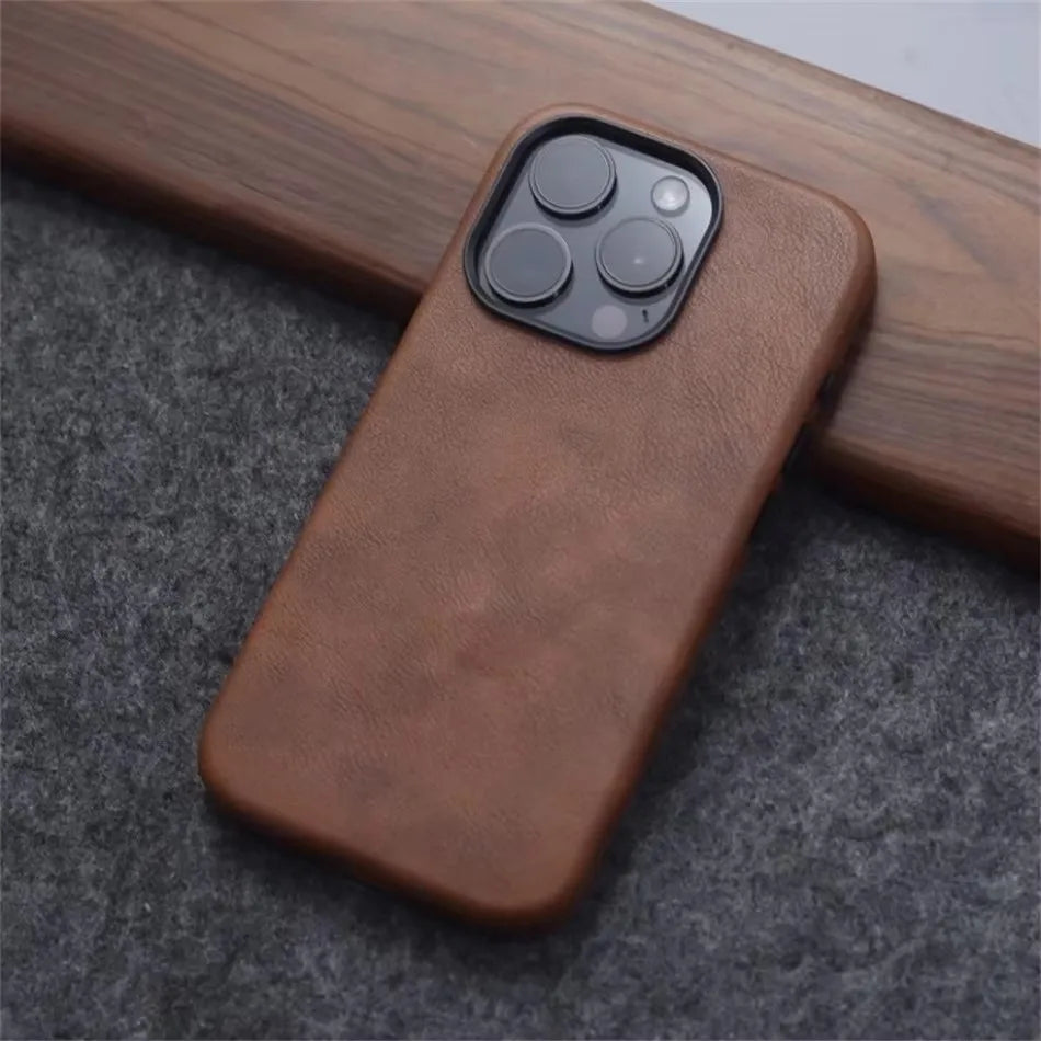 Retro Crazy Horse Leather for MagSafe Case For iPhone 18Pro 15 14 13 12 17 Pro Max Simple Leather Texture Magnetic Phone Case
