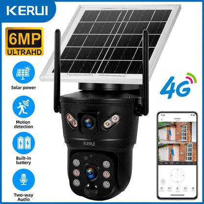 KERUI Outdoor Waterproof 6MP 4G SIM WIFI Solar Camera Dual Lens Camera Solar Panel Home Security CCTV Video Surveillance V380pro