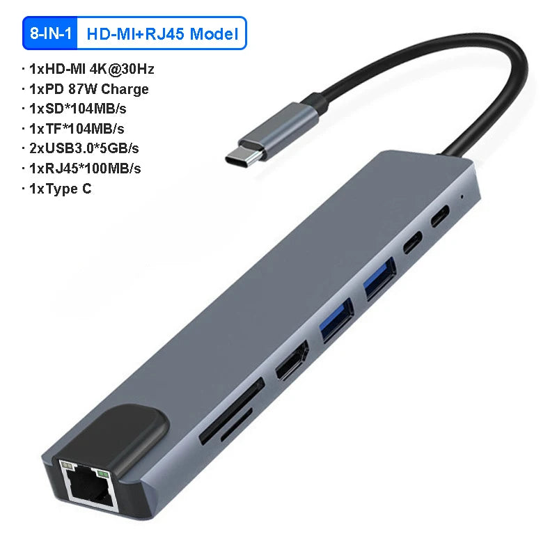 4K 30Hz USB C Docking Station Type C to HDMI-compatible VGA RJ45 Adapter USB 3.0 HUB Splitter For Laptop Macbook Air M1 iPad Pro