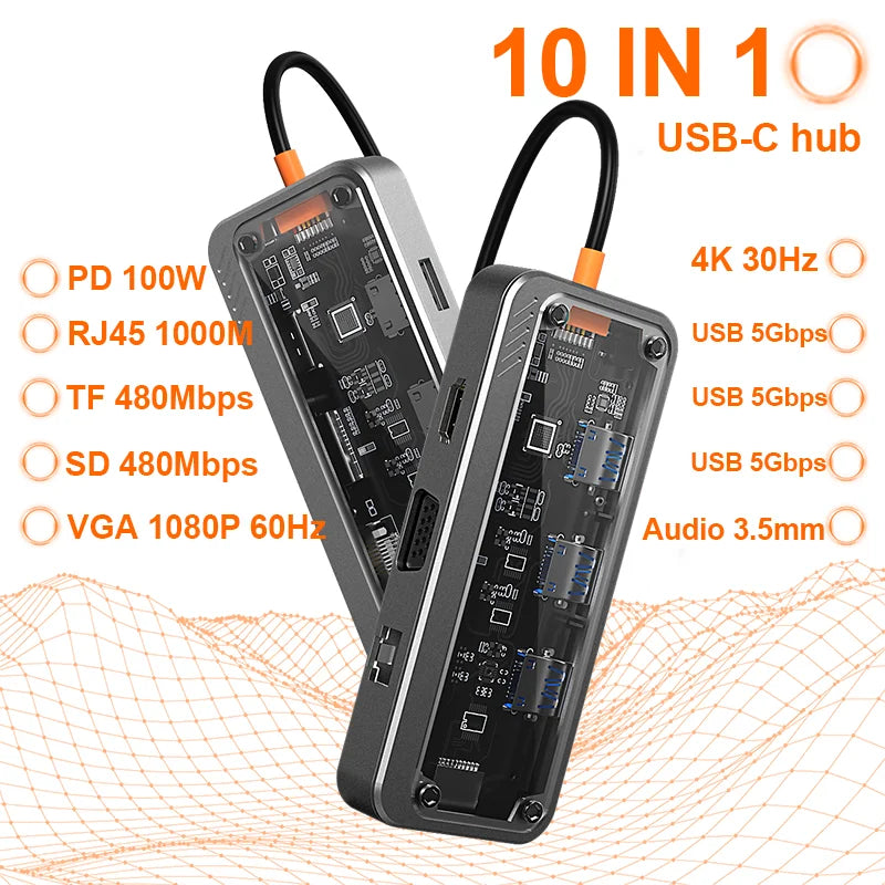 Basix USB C HUB 10 in 1 Adapter with 4K HDTV 100W PD USB 3.0 5Gbps SD Docking Station for IPhone15 16Pro MacBook Air Accessories