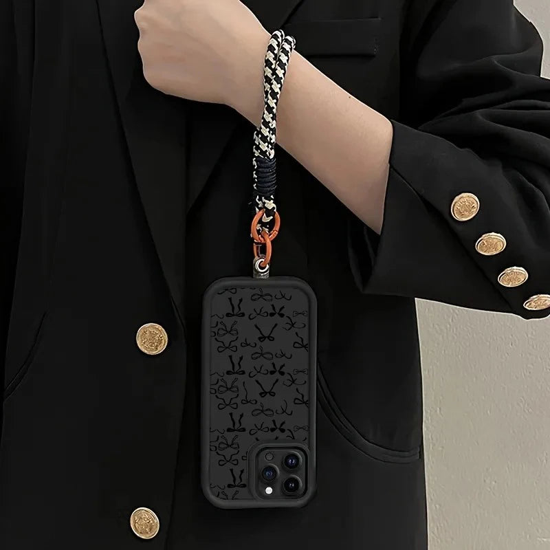 Cute Black Bow Pattern Hang Strap Phone Case For Samsung Galaxy Note 20 S24 S22 S23 S25 S26 Plus S24 FE S23 S24 S25 Ultra Cover