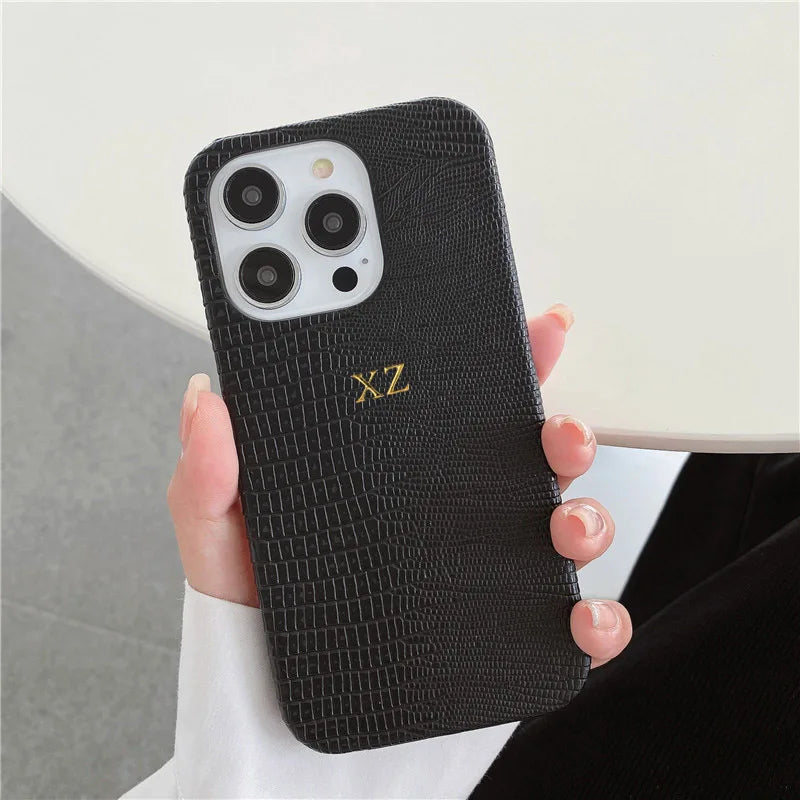 Personalise Gold Silver Initials Letters Leather Case For iphone 15 14 13 16 17 18Pro Max 14 16 Plus Luxury Lizard PU Hard Cover