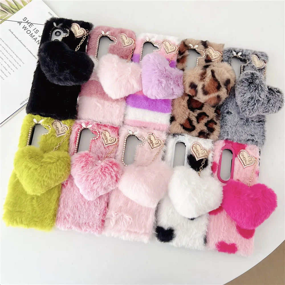 For Samsung Galaxy Z Fold 5 Case Korea Cute Fluffy Plush Love Pendant Phone Case For Galaxy Z Fold6 Cover Z Fold3 Z Fold2 Fold5