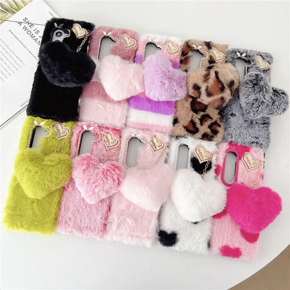 For Samsung Galaxy Z Fold 5 Case Korea Cute Fluffy Plush Love Pendant Phone Case For Galaxy Z Fold6 Cover Z Fold3 Z Fold2 Fold5