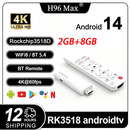 H96 MAX Android TV Stick Rockchip RK3518 with 2.4G Wifi 5G Wifi6 Dual 3518D 8GB 16GB 4K 3D HDR Goole Voice Remote DC 5V 2A