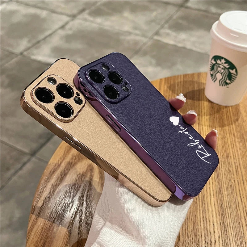 Luxury Plating Leather Personalized Name Case For iPhone 11 12 13 14 15 16 Pro Max Customized DIY Shockproof Cover 15 14 Pro Max
