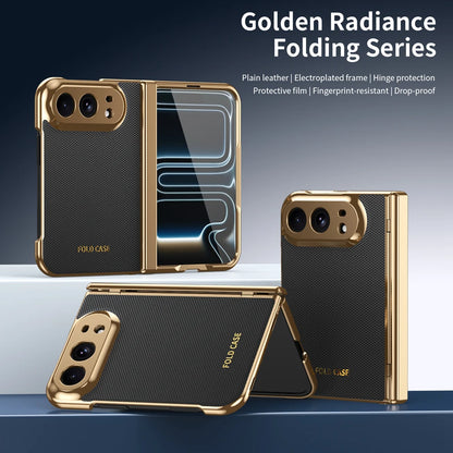 KEYSION Luxuxy PU Leather Fold Phone Case for iPhone Duo Plating Hard PC Shockproof Back Cover With Hinge+HD Screen Protector