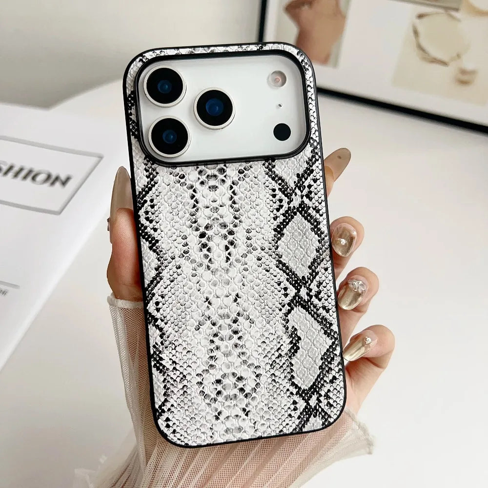 Snake Lichi Pattern Leopard Print PU Leather Case for IPhone 17 Air 16 15 14 Plus Pro Max Shockproof Rugged Protector Back Cover