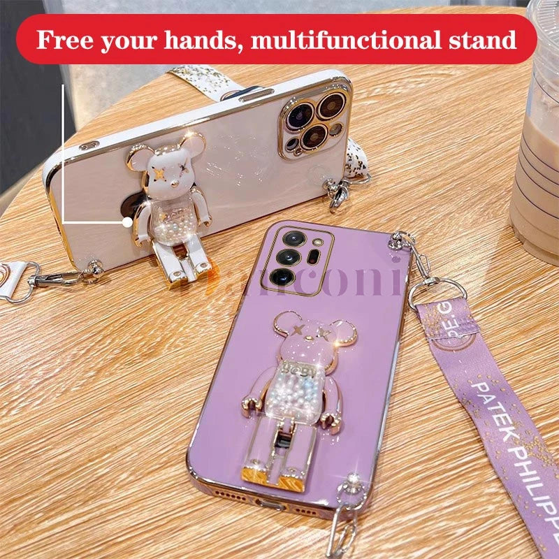 Cartoon Bear Lanyard Plating Phone Stereoscopic Holder Case For Samsung Galaxy Note 20 Ultra Note 10 Lite 8 9 M30S M42 M54 Cover