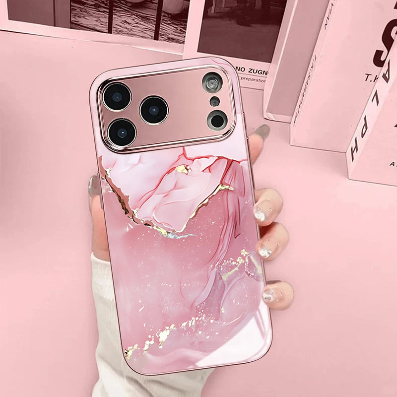 Pink Gold Foil Marble Pattern Tempered Glass Phone Case for iPhone 16 17 Pro Max 15 14 Plus 13 12 11 Pro Max 16E 17 Air Cover
