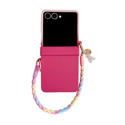 Skin Feeling Wireless Magnetic Lanyard Phone Case For Samsung Galaxy Z Flip 3 4 5 6 7 8 Macaron Gradient Cord PC Hard Shell