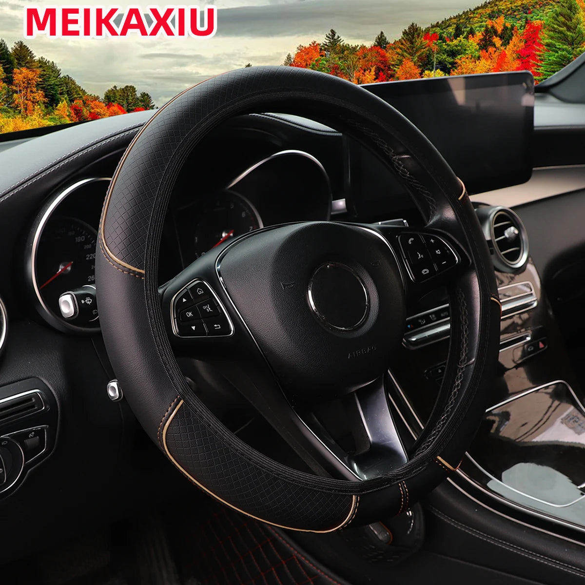 A Leather Embossed Red Blue Strip Trim Car Without Inner Ring Steering Wheel Cover Fits 14.5-15" 37-38cm Car Interior Supplies