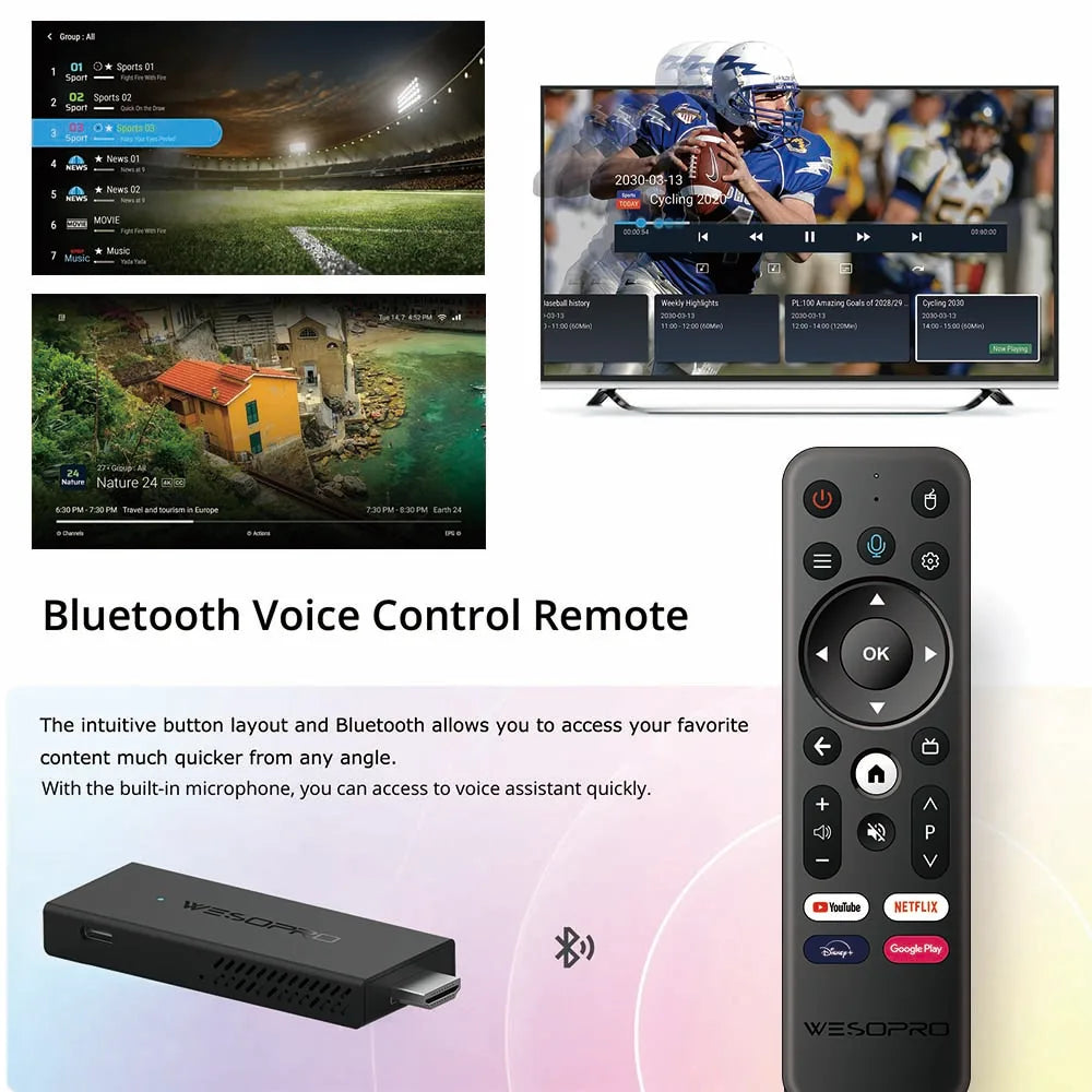 WESOPRO Android TV Stick G2 Smart IPTV Dongle 4K 30fps 2GB RAM 16GB ROM Dual Band 2.4GHz 5.0GHz Wifi 6 BT5.0 Compatible with ATV