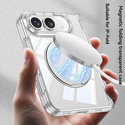 For iPhone Duo Fold Transparent Stand Phone Case with Magnetic Hinge Protection Compatible Film Integrated Design