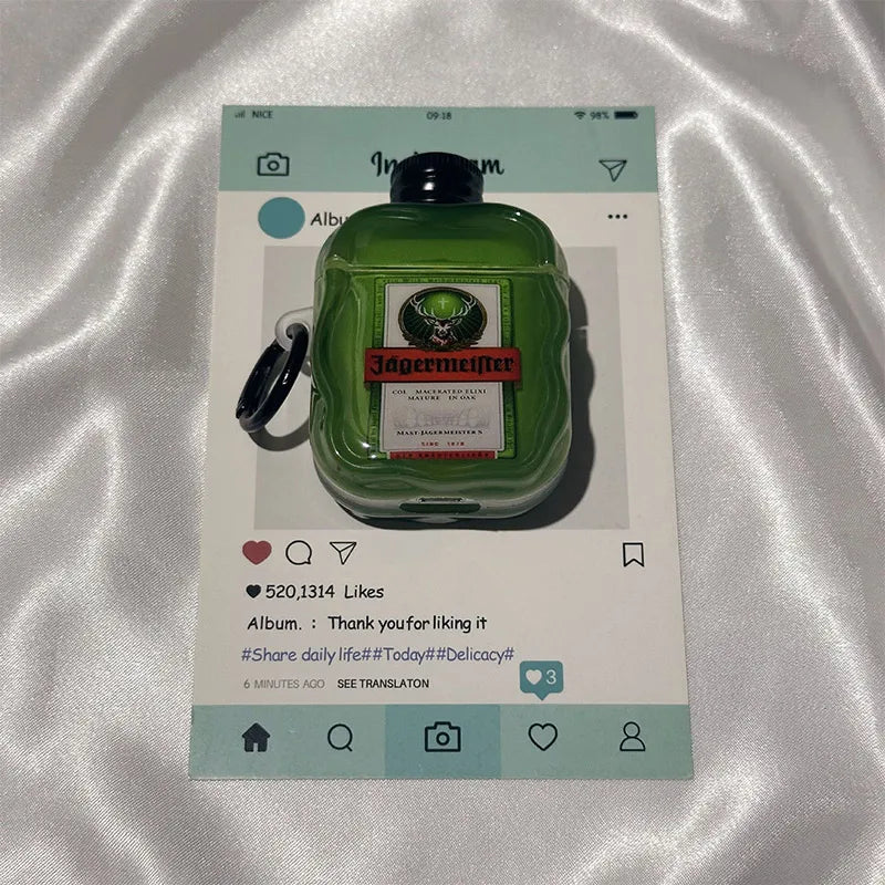 Green Wine Bottle Soft Protective Case For Airpods Pro 1/2/3/4 Pro 2 Cover Shockproof Earphones Case With Keychain Charging Box