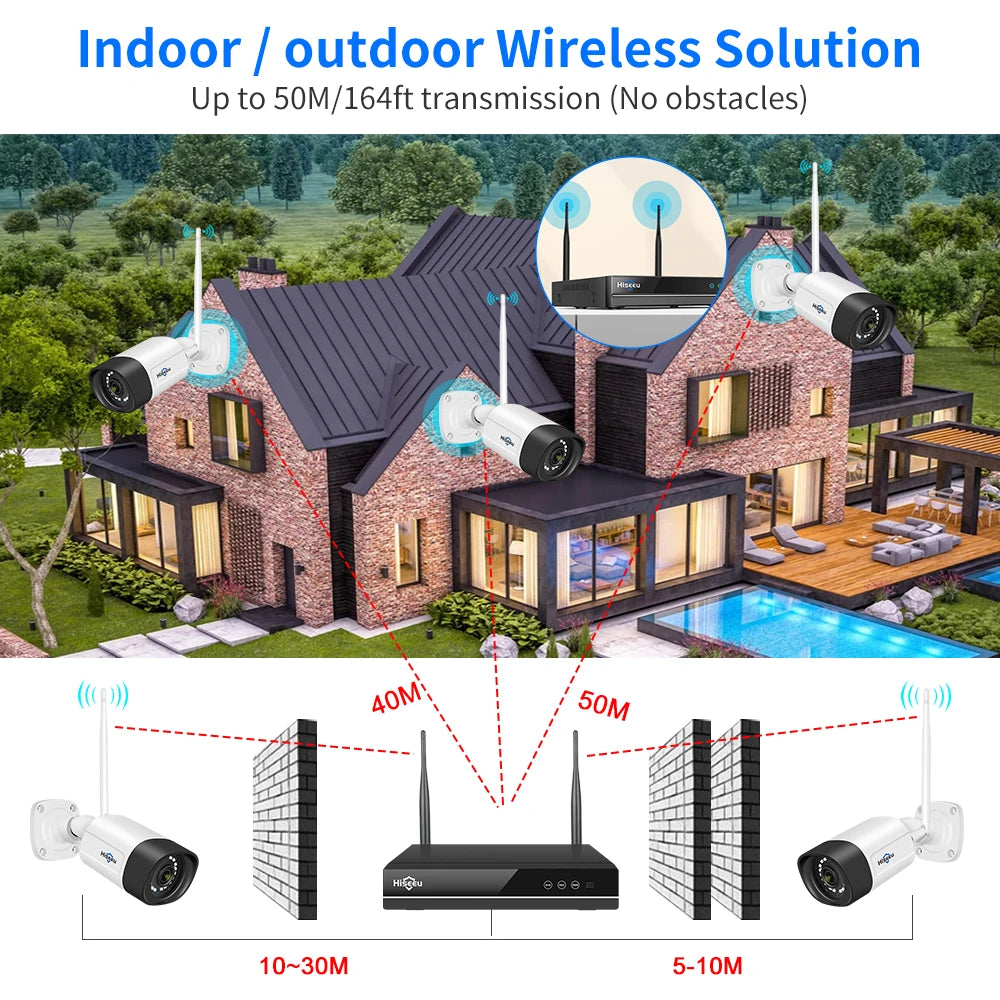 Hiseeu 5MP Wifi Surveillance Camera System Color Night Vision P2P Wireless Street Security CCTV Camera Kit 10CH Wireless NVR Set