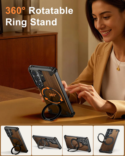 Eary for Samsung Galaxy S26 Ultra Wooden Case With 360°Rotating Magnetic Stand Frameless Unique Wood Phone Cover Drop Protection