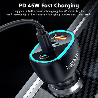 Toocki 120W Mini Car Charger Qi2.2 45W Max USB C PD PPS QC Fast Charging LED Light Zinc Alloy Phone Charger for iPhone17 Samsung