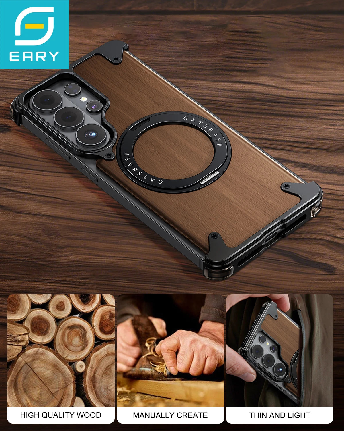 Eary for Samsung Galaxy S26 Ultra Wooden Case With 360°Rotating Magnetic Stand Frameless Unique Wood Phone Cover Drop Protection