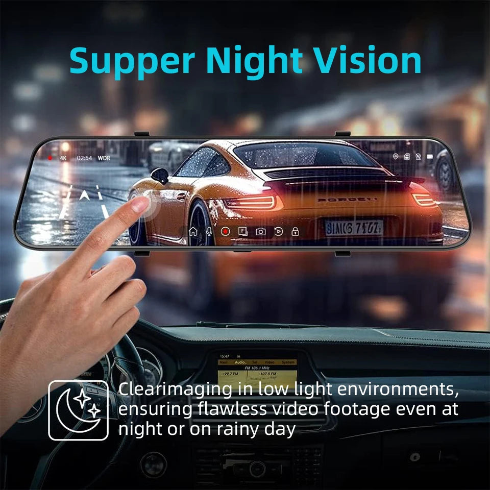 E-ACE 4K Dashcam 9.66'' Mirror Dash Car Camera 2.5K Rear Camera Support WIFI GPS ADAS Touch Screen Video Recorder Black Box ﻿