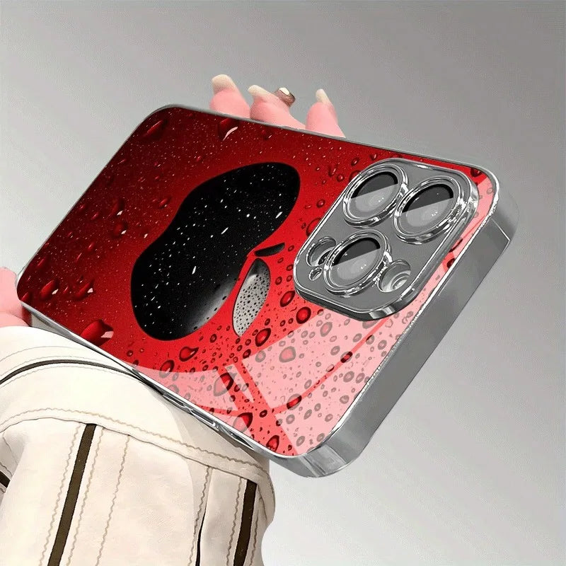 Advanced Lucky Red Water Drop Apple Pattern For iPhone Case for 11/12/13/14/15/16/17 Pro MAX Plating Silver Glass Design
