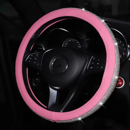 Women's PU Leather Car Interior Wheel Cover with Flashing Mesh Rhinestones for 14.5-15 Inch Car Accessories